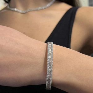 3.12Cttw Baguette & Round Cut Diamond Bangle Bracelet 18K White Gold
